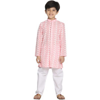 VASTRAMAY Boys' Pink And White Kurta Pyjama Set | Classic Ensemble Of Lukhnowi Chikankari Kurta With Pyjama for Navratri, Diwali & Festive Celebrations - Stylish and Comfortable Indian Outfit for Kids