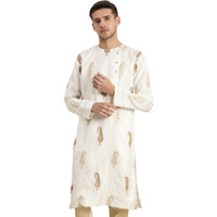 VASTRAMAY Men's White and Gold Silk Blend Kurta | Jacqard Silk Woven Design Angrakha Kurta | Timeless Elegance for Festivals & Events | Classic Design, Premium Comfort, and Versatile Style