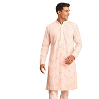 VASTRAMAY Men's Pink Georgette Kurta Pyjama Set | Mirror Work Georgette Kurta for Men. | Timeless Elegance for Festivals & Events | Classic Design, Premium Comfort, and Versatile Style