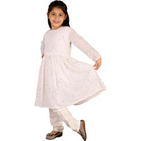 VASTRAMAY Girls' White Kurta And Churidar | Georgette Mirror Work Flare Anarkali Kurta With Viscose Churidar - Traditional Design - Ideal for Weddings, Festivals, and Special Occasions