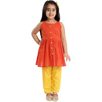 VASTRAMAY Girls' Handloom Cotton Kurta And Straight Pant Set (VASGK070RDnGP01YW_5-6 Years)