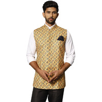 VASTRAMAY Men's Mustard Yellow Printed Nehru Jacket