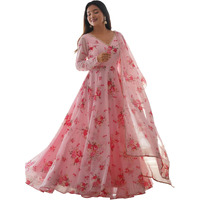Women Floral Print Anarkali Kurta with Pant and Dupatta (Large, Light Pink)
