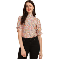 Wedani Women's Casual Puff Sleeves Ruffled Collor Foral Top (X-Large, Beige)