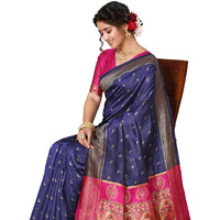 Yashika Women's Banarasi Silk Chandrakor Paithani Saree in Golden Zari Border, Saree with Crescent Moon Motifs and Peacock Design, Includes Unstitched Blouse Material (AZ-YS-P3-CHANDRA NAVY)