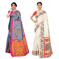 Yashika Women's Combo Art Silk Printed Saree With Blouse Piece Pack Of 2(DANDIYA GREY-VIVO ORANGE)