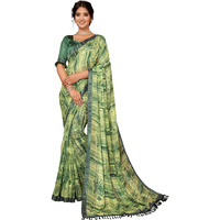 Yashika Women's Weightless Georgette Satin Printed Hot Fix Swarovski Lace with Tassels Unstitched Blouse Material Saree (AZ-YS-P1-REHANA-Parent_Green)