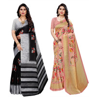 Yashika Women's Combo Art Silk Printed Saree With Blouse Piece Pack Of 2(NAURTA BLACK-AIR PEACH)