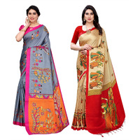 Yashika Women's Combo Art Silk Printed Saree With Blouse Piece Pack Of 2(DANDIYA GREY-RAJARANI CHICKU)