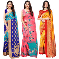 Yashika Women's Combo Art Silk Saree with Blouse Piece-Pack of 3(Kora Blue-MAITHALI Pink-MINALI Mustard) Multicolor-07