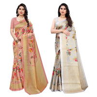 Yashika Women's Combo Art Silk Printed Saree With Blouse Piece Pack Of 2(AIR PEACH-PUDINA GREY)