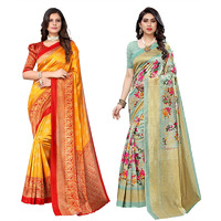 Yashika Women's Combo Art Silk Printed Saree With Blouse Piece Pack Of 2(MINALI MUSTARD-AIR LIGHT GREEN)