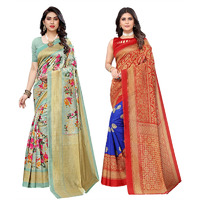 Yashika Women's Combo Art Silk Printed Saree With Blouse Piece Pack Of 2(AIR LIGHT GREEN-METRO ROYAL BLUE)