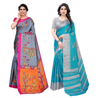 Yashika Women's Combo Art Silk Printed Saree With Blouse Piece Pack Of 2(DANDIYA GREY-NAURTA BLUE)