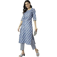 ANNI DESIGNER Women's Cotton Blend Straight Printed Kurta with Pant (Funnu Blue New_L_Blue_Large)