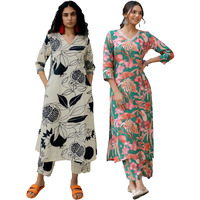 ANNI DESIGNER Women's Cotton Blend Printed Straight Kurta with Pant Pack of 2 (ANAAR Beige-Chinki Green_XL_Multi_X-Large)