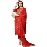 ANNI DESIGNER Women's Cotton Straight Kurta with Pant & Dupatta (KPTD-COT-10132-Red_XL_Red_X-Large)