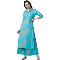 ANNI DESIGNER Women's Cotton Gold-Toned Printed Kurti with Palazzos (DEVIKA-Blue_M)