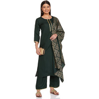 ANNI DESIGNER Women's Cotton Blend Straight Printed Kurta with Pant & Dupatta (Sonari Gold & Green_L_Gold & Green_Large)
