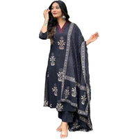 ANNI DESIGNER Women's Rayon Blend Straight Printed Kurta with Pant & Dupatta (Jimny Black_S_Black_Small)