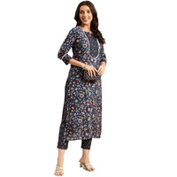 ANNI DESIGNER Women's Cotton Blend Printed Straight Kurta with Pant (Win Blue_L_Blue_Large)