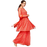 ANNI DESIGNER Women's Georgette A-Line Ethnic Motifs Printed Mirror Work Kurta with Sharara & Dupatta (Othani Orange_XXL_Orange_XX-Large)