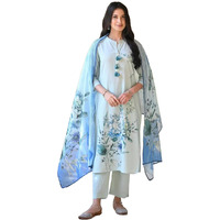 ANNI DESIGNER Women's Cotton Blend Printed Straight Kurta with Pant & Dupatta (Durjan Blue_M_Blue_Medium)