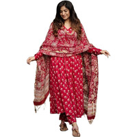 ANNI DESIGNER Women's Rayon Blend Anarkali Printed Kurta with Pant & Dupatta (OOH Red_S_Red_Small)