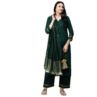 ANNI DESIGNER Women's Ruby Cotton Straight Kurta with Palazzo & Dupatta (Game New Green_S_Green_Small)