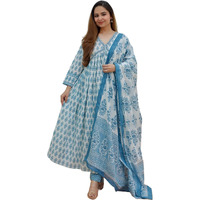 KLOSIA Women Printed Kurta and Pant Set with Dupatta (Small) Sky Blue