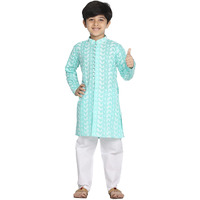 VASTRAMAY Boys' Cotton Kurta Pyjama Set with Lucknowi Chikankari Embroidery, Full Sleeves & Mandarin Collar  Perfect For Ethnic & Festive Occasions