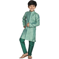 VASTRAMAY Boys' Green Banarasi Silk Jacquard Kurta Pyjama Set  Traditional Ethnic Wear for Weddings, Festivals & Celebrations