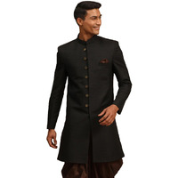 VASTRAMAY Men's Black Silk Blend Sherwani Only Top