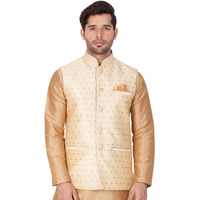 VASTRAMAY VM Mens Silk Blend Gold Nehru Jacket - Timeless Style & Versatility | Jacquard Woven checkered Zari threads Ethnic Sleeveless Coat for Formal & Casual Wear_VASMJ009GO_44