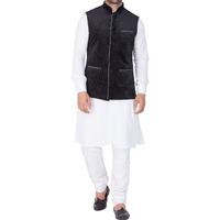VASTRAMAY Men Cotton Kurta Modi Jacket and Pyjama Set (White_VASMKPWH014nMJT014BL_36)