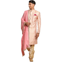 VASTRAMAY Men's Pink And Gold Silk Blend Sherwani Set - A Set Of Brocade Sherwani And Pyjama With Dupatta