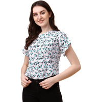 Wedani Women's Casual Short Sleeves Round Neck Foral Regular Fit Top (Small, White-2)