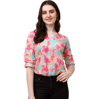 Wedani Women's Casual Puff Sleeves V Neck Foral Top (X-Large, Beige)