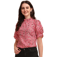Wedani Women's Casual Puff Sleeves Ruffled Collor Foral Top (Small, Light Pink)