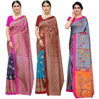 Yashika Women's Combo Art Silk Saree with Blouse Piece-Pack of 3 Navy-Metro RAMA-DANDIYA Grey Multicolor-10