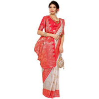 Yashika Women's Plain Floral Print Banarasi Kanjivaram Art Silk Saree Specially for Durga Puja with Unstitched Blouse Material (AZ-YS-P2-FLOWER White)
