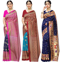 Yashika Women's Combo Art Silk Saree with Blouse Piece-Pack of 3 Metro RAMA-MATWALI Navy Multicolor-10