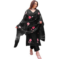 ANNI DESIGNER Women's Rayon Blend Floral Straight Kurta with Pant & Dupatta (ROKA Rani_Black_X-Large)