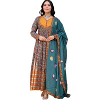 KLOSIA Women Printed Anarkali Kurta and Pant with Dupatta (IN, Alpha, L, Blue)