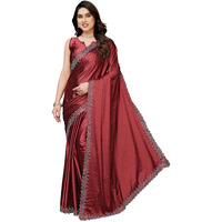 Yashika Women's Hot Fix Work and Solid Color Satin Moss Saree With Unstitched Blouse Material (AZ-YS-P1-PINTU MAROON)