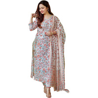 KLOSIA Women Floral Printed Kurta and Pant Set with Dupatta (Medium) White
