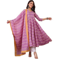 KLOSIA Women Printed Anarkali Kurta and Pant with Dupatta Set (in, Alpha, M, Pink)