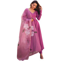ANNI DESIGNER Women's Rayon Viscose Solid Anarkali Kurta with Pant & Dupatta (Bhanu Pink_XXL_Pink_XX-Large)