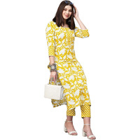 ANNI DESIGNER Women's Cotton Blend Printed Straight Kurta with Pant (Pustak Yellow_M_Begani_Medium)