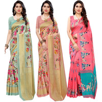 Yashika Women's Combo Art Silk Saree with Blouse Piece-Pack of 3 Light Green-AIR Peach-MAITHALI Pink Multicolor-02